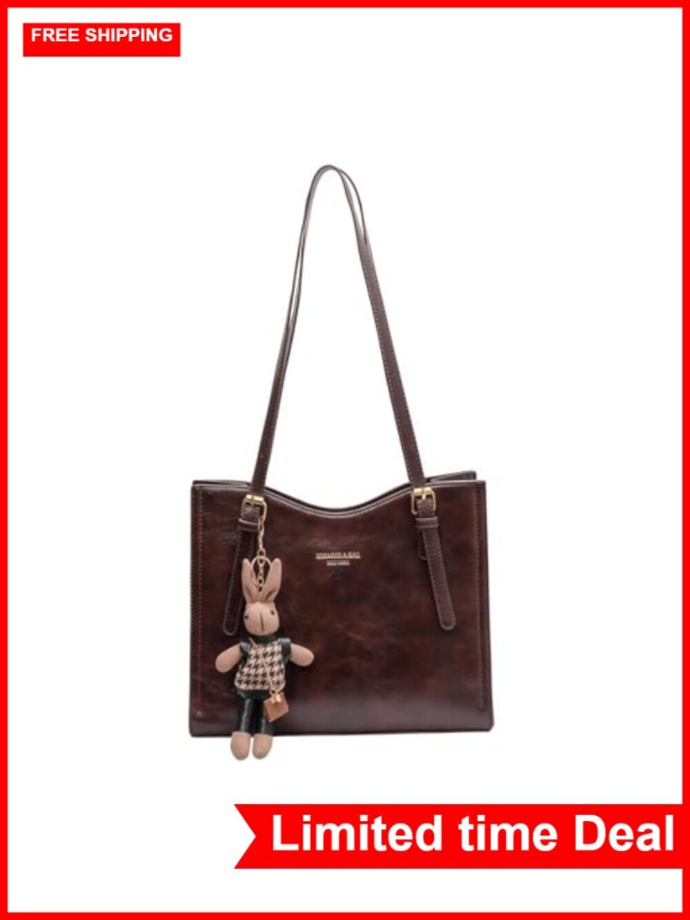 Vegan Leather Tote Bag Women Shoulder Handbag Zipper Adjustable Strap